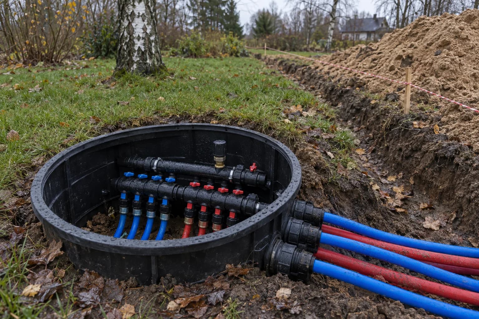 Atidarytas kolektoriaus šulinys vejos pakraštyje su mėlynais ir raudonais vamzdžiais